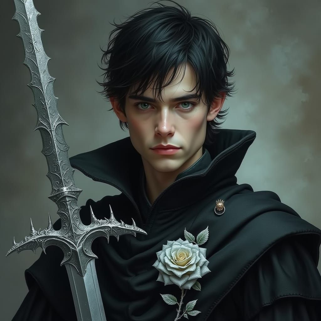 Mysterious Dark Fantasy Hero with Silver Rose Emblem