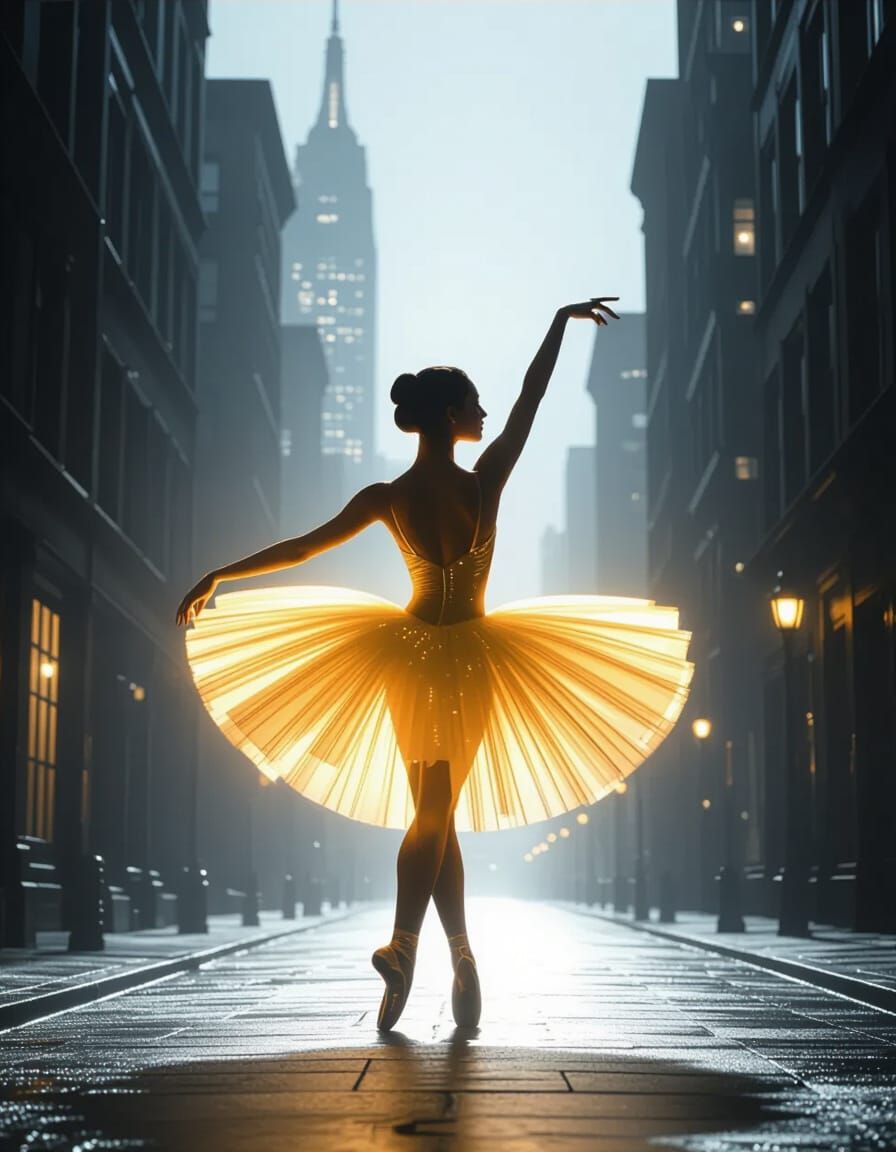 Ballerina Illuminates Shadowy Cityscape in Noir Style