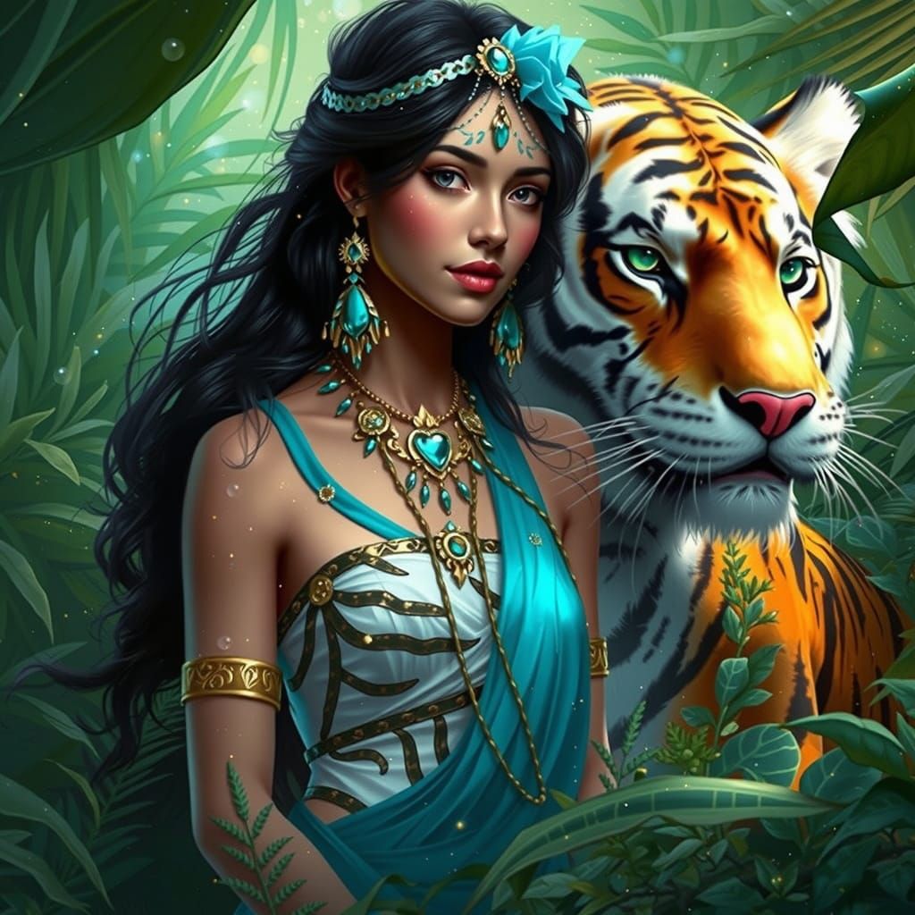 Majestic Princess Jasmine with Tiger in Vibrant Jungle Scene
