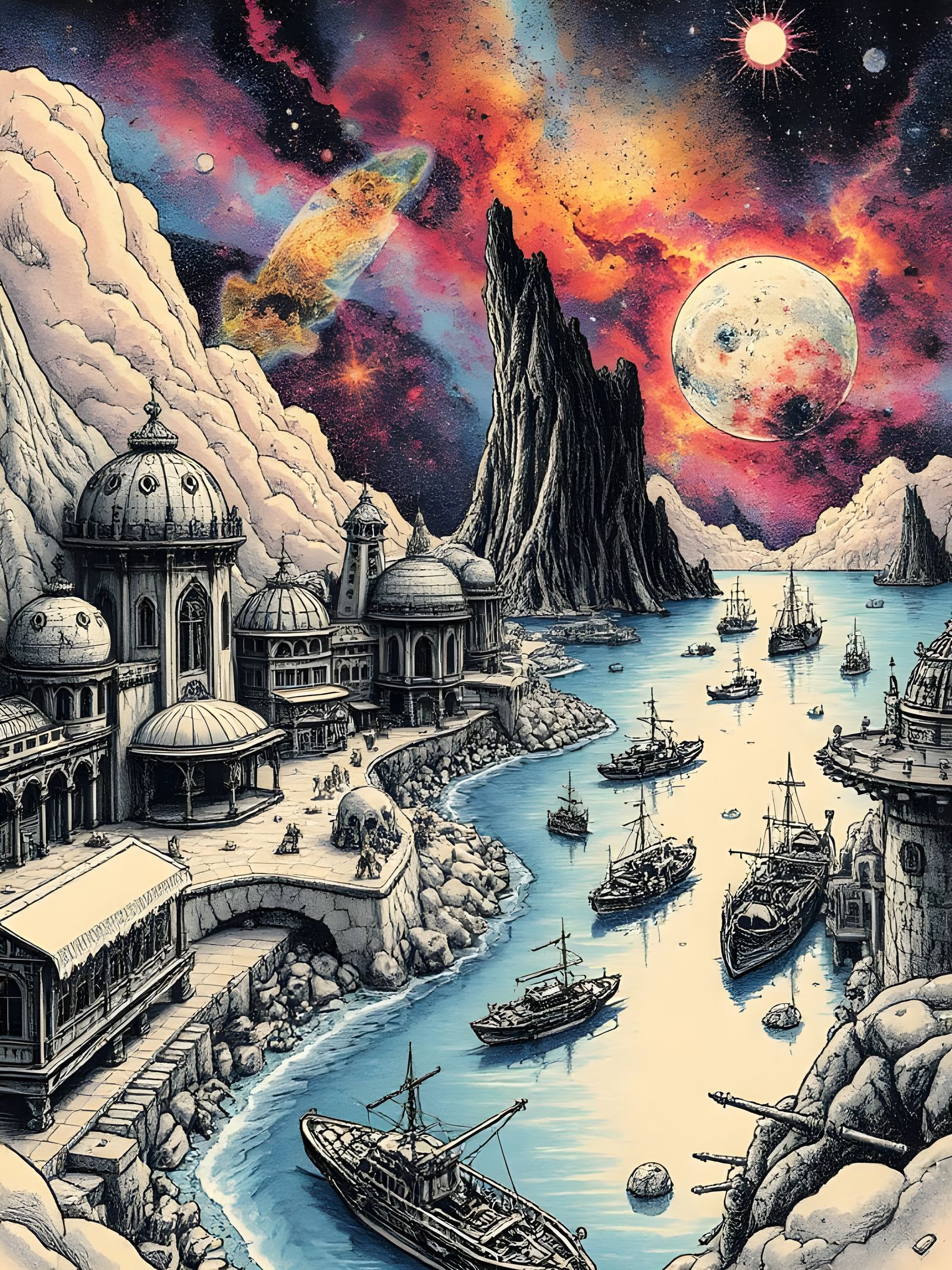 Bustling Alien Seaport in Pen and Ink