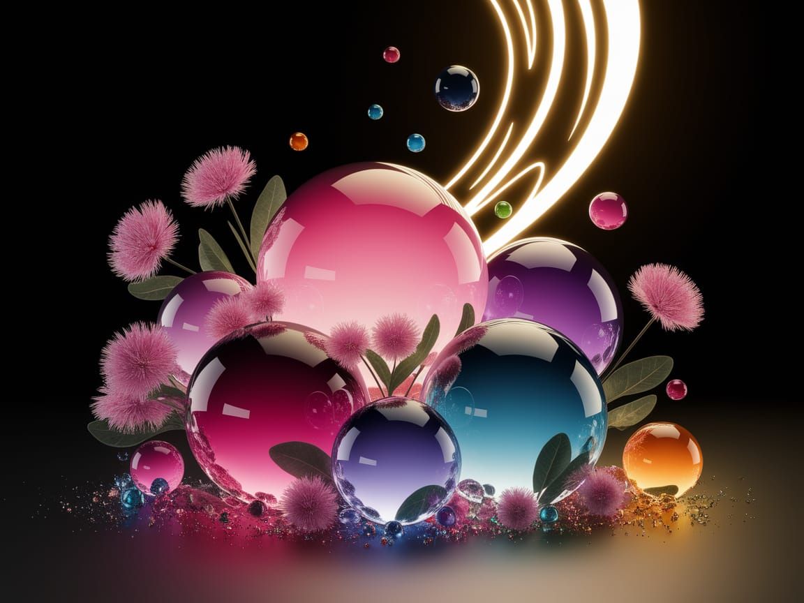 Glowing Orbs and Delicate Flowers in Dreamlike Composition