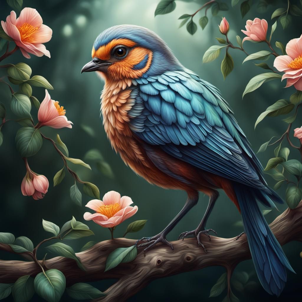 Beautiful enchanted bird hyperrealism digital illustration