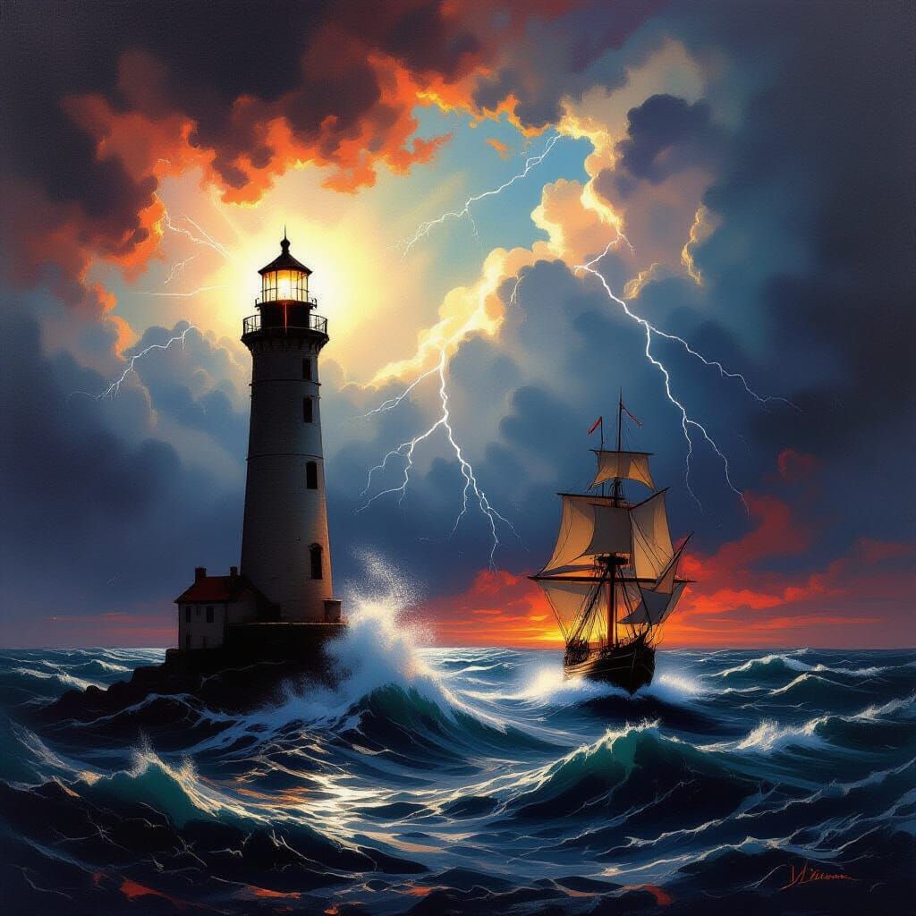 Dramatic Lighthouse Illuminates Stormy Seas