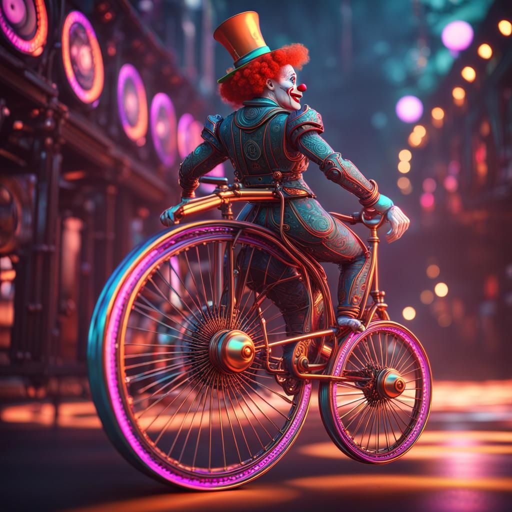 Clown Rides Penny Farthing in Sci-Fi Style