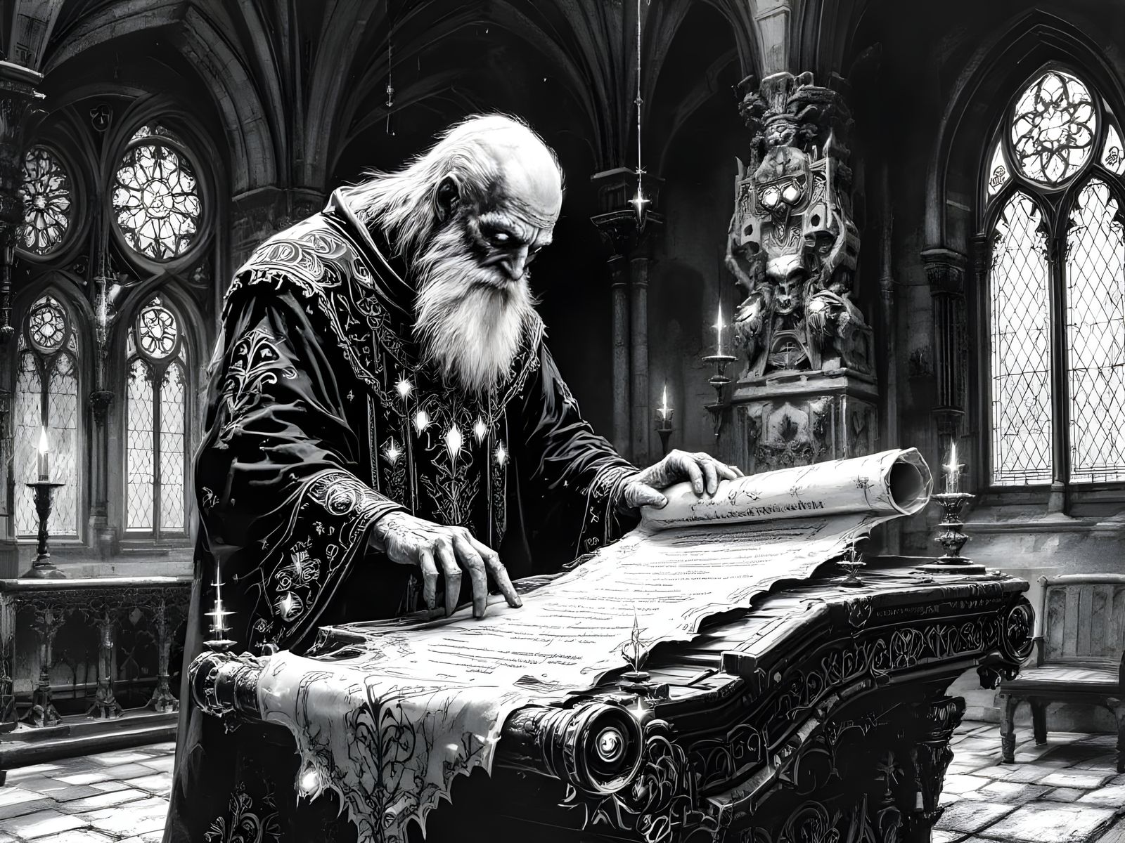 Old Priest with Scroll, Pencil Sketch in D&D Style