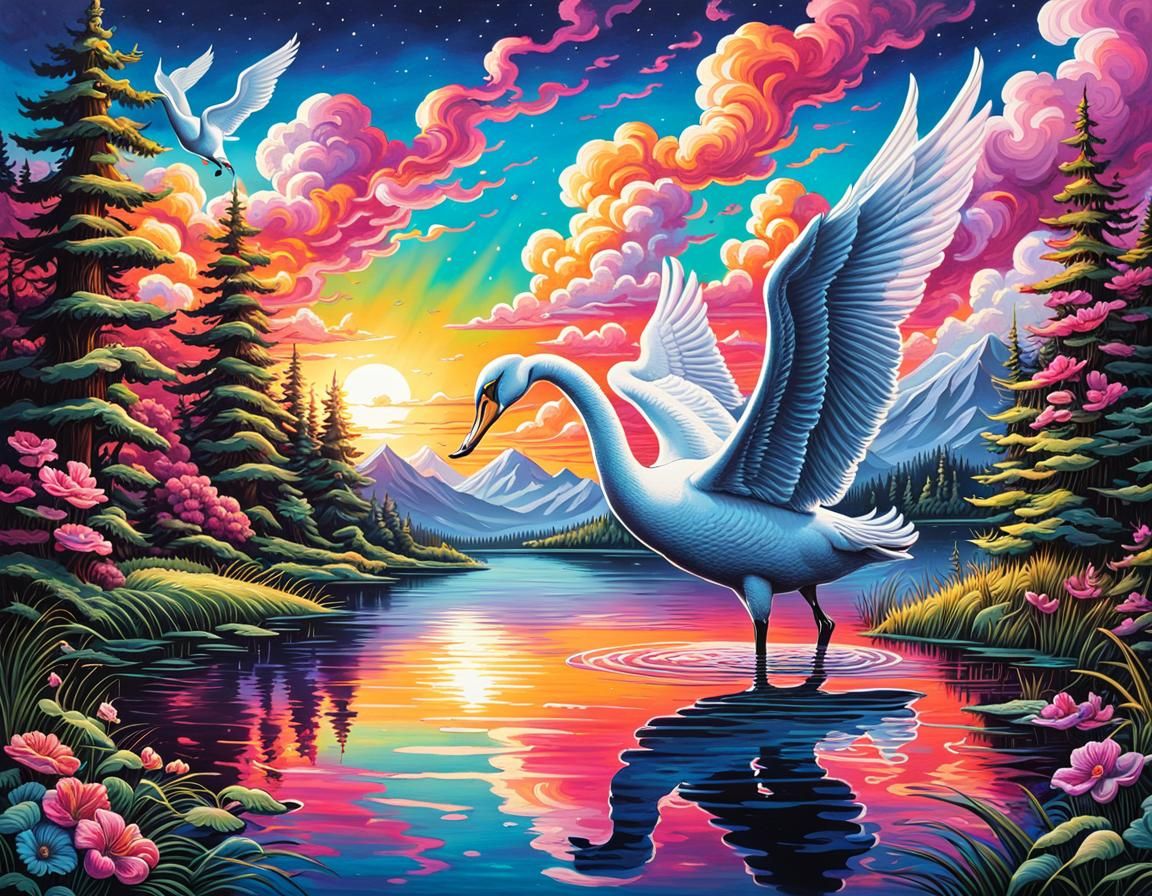 Trumpet Swan on Lake: Colorful Cel-Shaded Ink Art