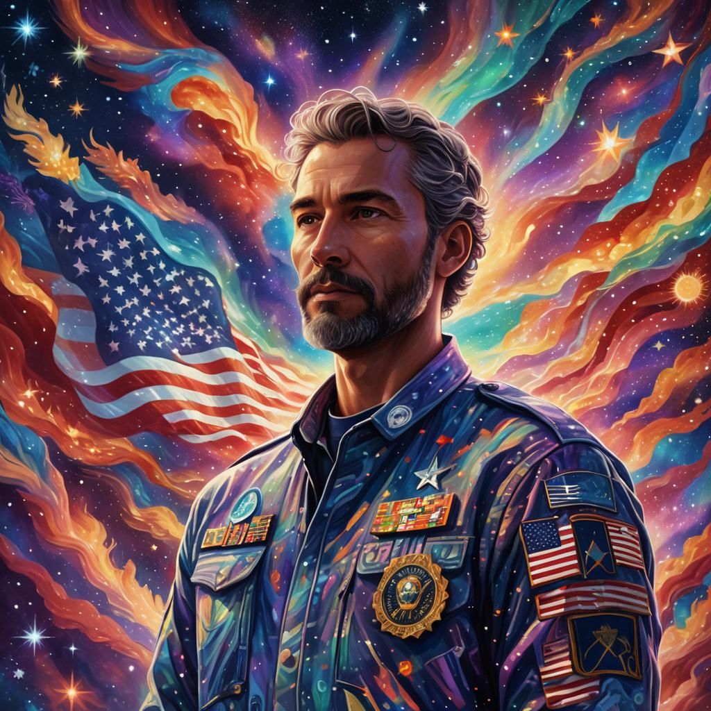 Astral Veteran Holographic Illustration in Mixed Media Style