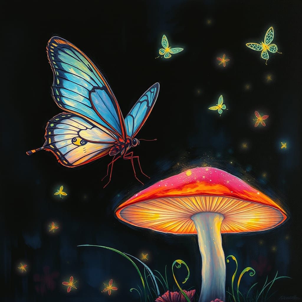 Iridescent Butterfly on Fluorescent Mushroom
