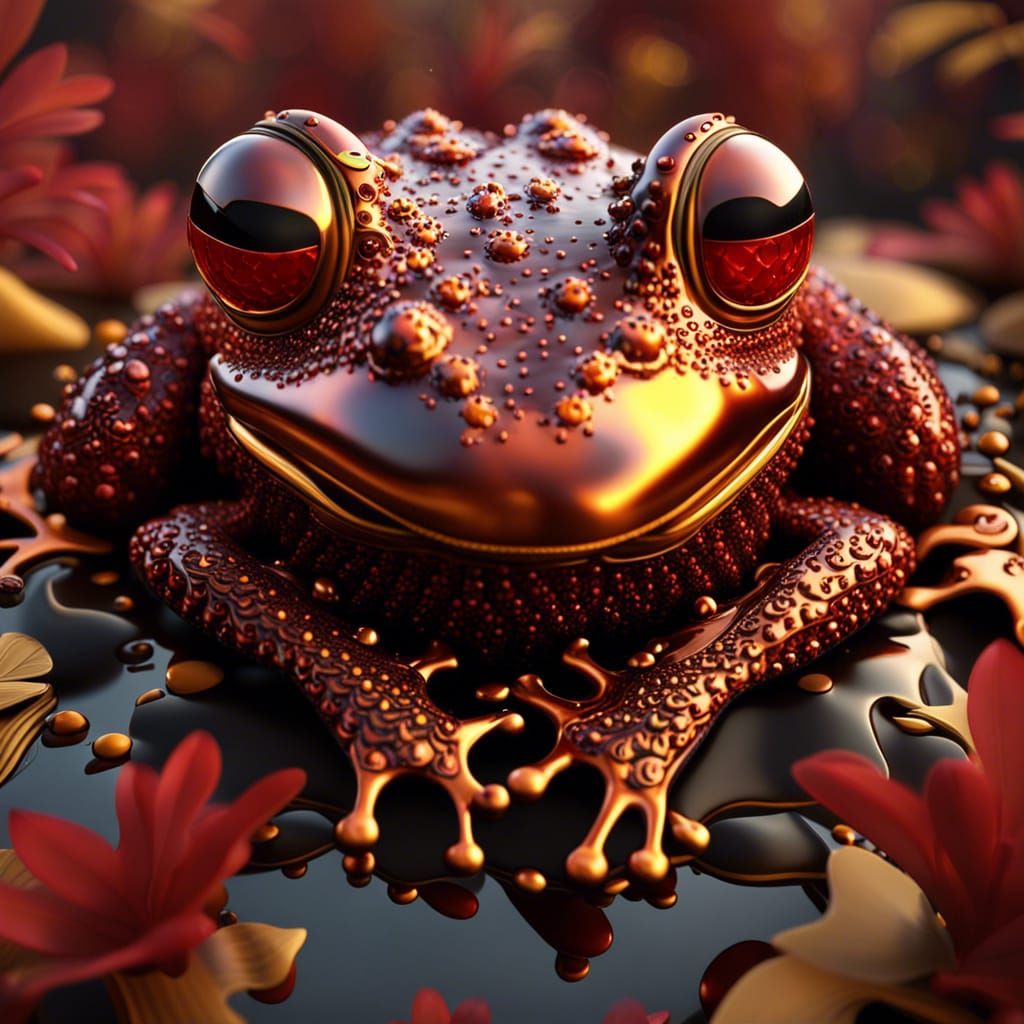 Ray Traced Golden Frog Alebrijes in Red and Gold