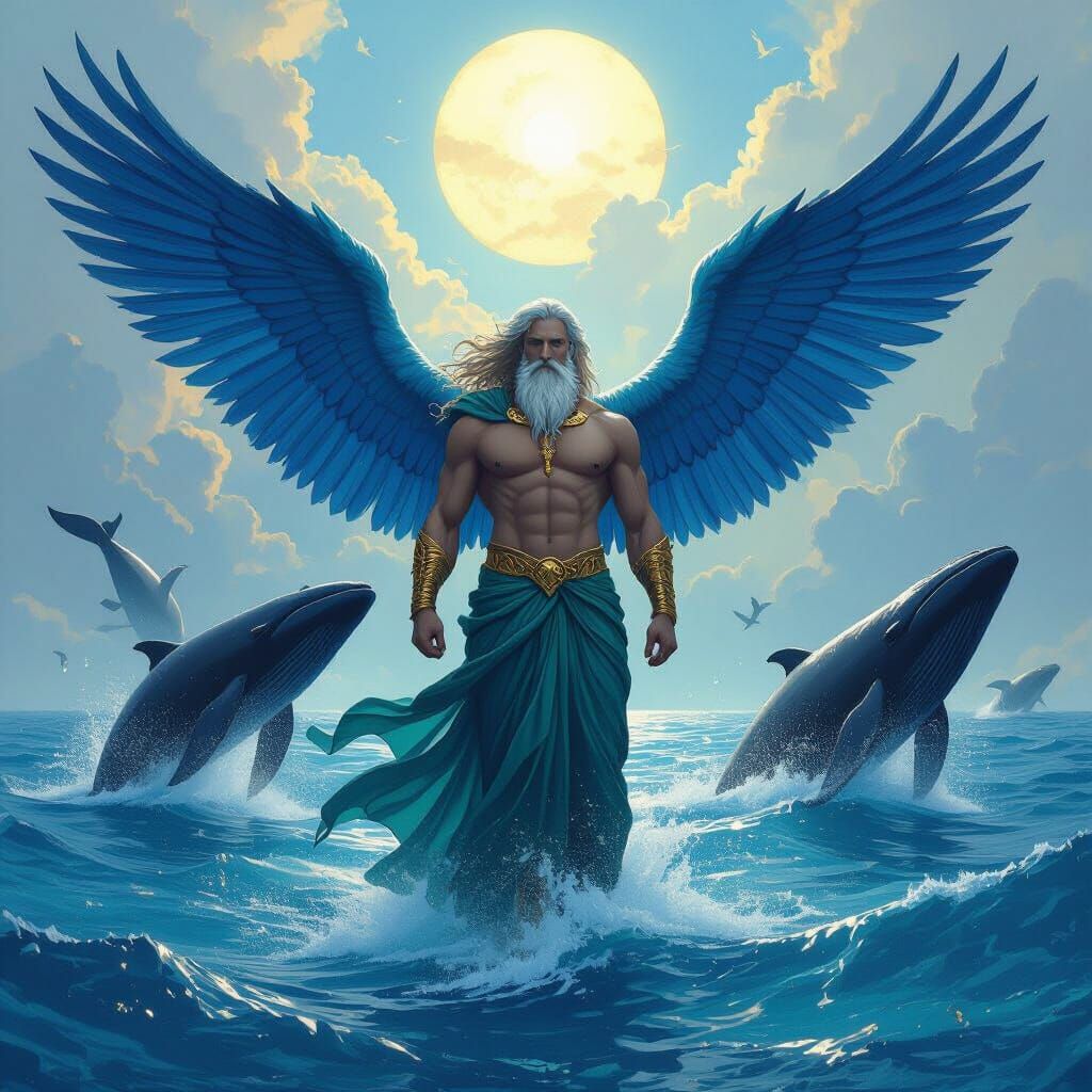 Poseidon with Blue Wings Over Ocean