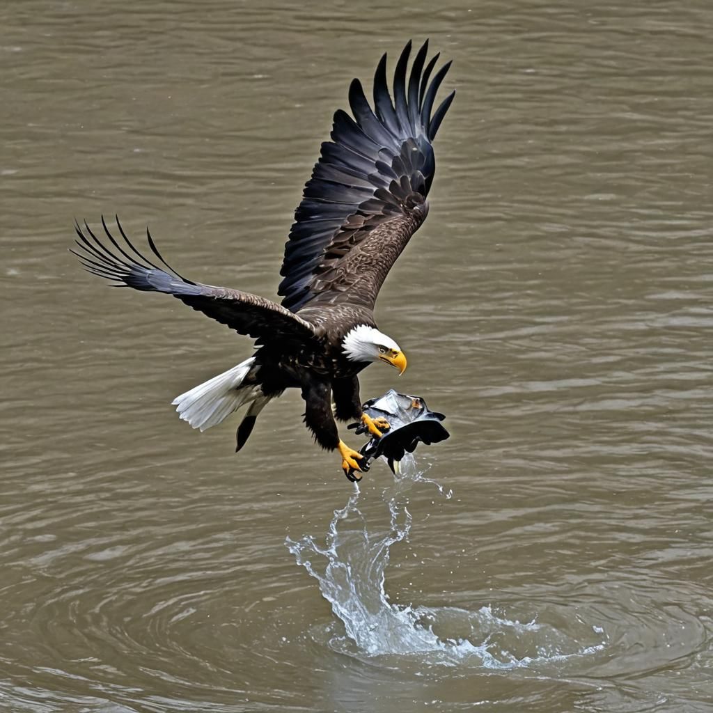 Eagle Captures Fish Mid-River