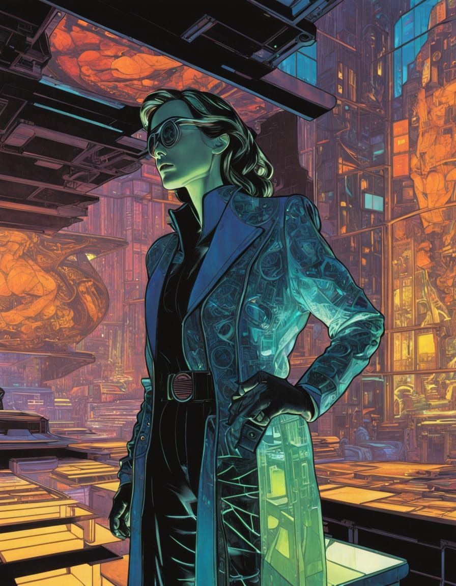 Cyberpunk Librarian in Submerged Metropolis, Backlit Stained...