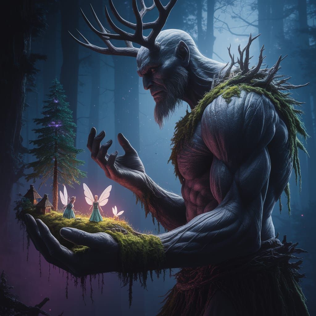 Antlered Giant Guardian Over Fairy Village