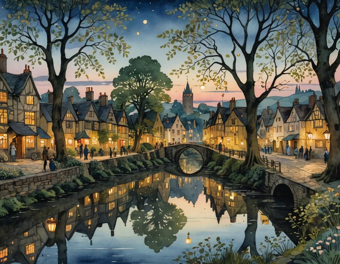 Riverside Evening Watercolour Painting with Lantern Light