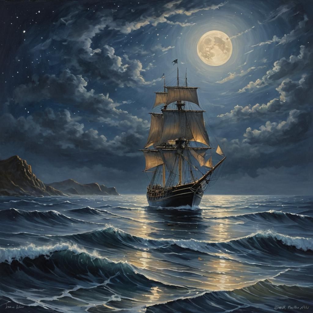 Moonlit Sailing Ship in Romantic Seascape Painting