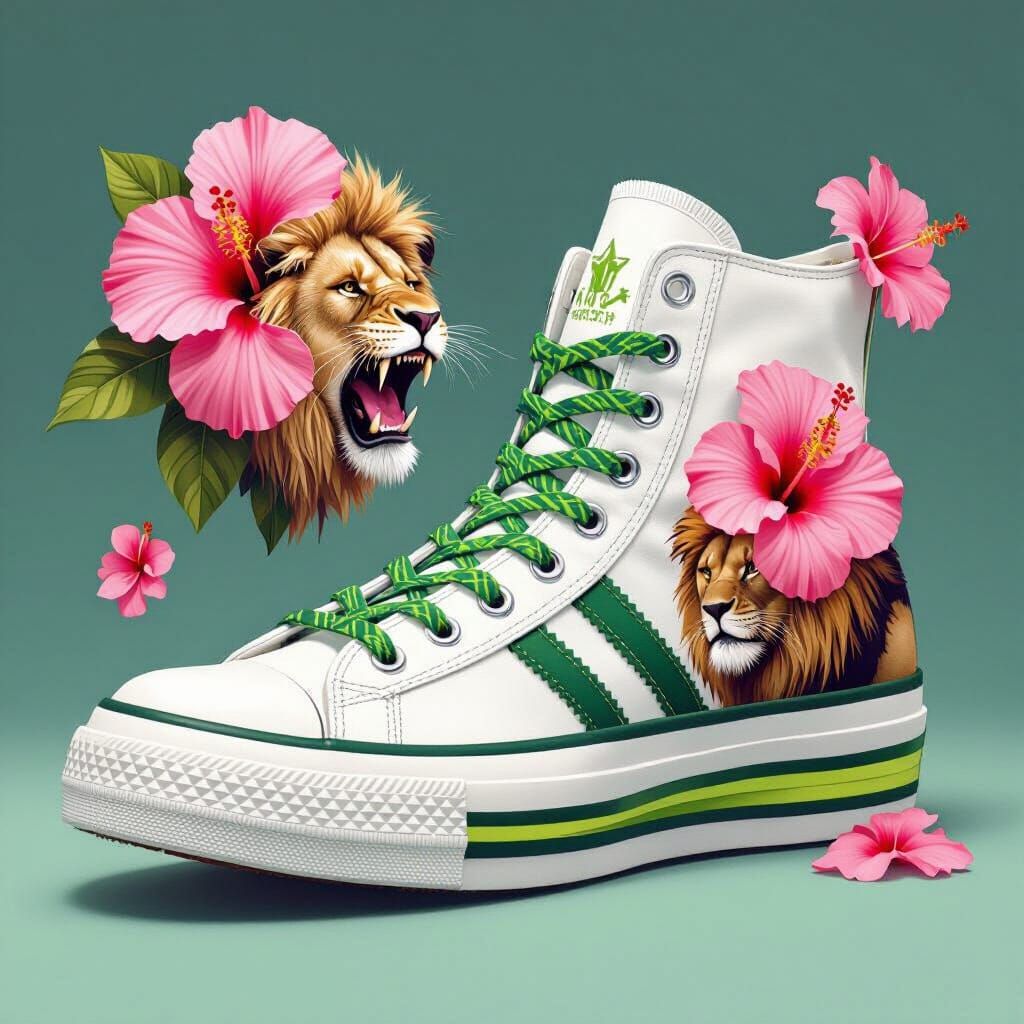 Photorealistic White High Top Shoe with Floral and Lion Deta...