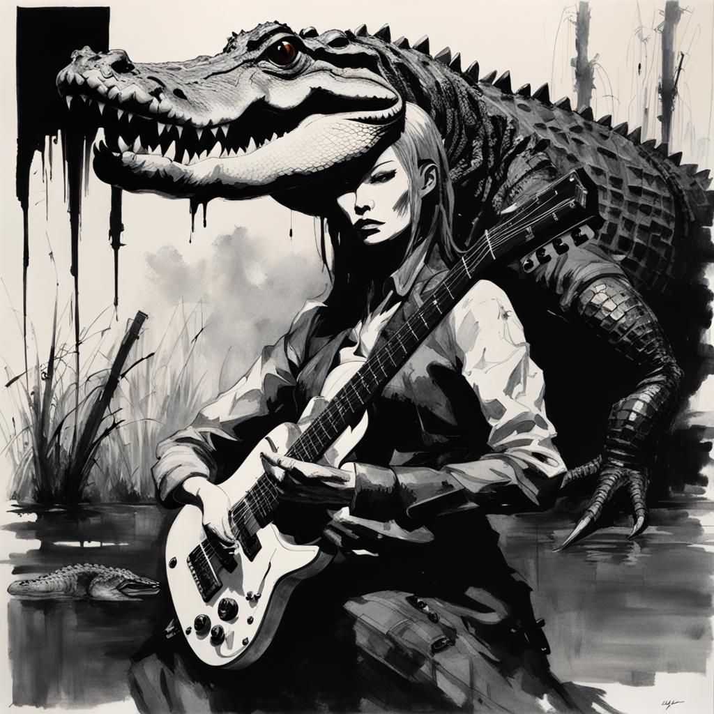 Sinister Alligator Monster with Guitar in Sumi-e Style