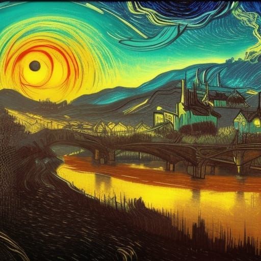 Riverside Sunset in Expressionist Digital Art