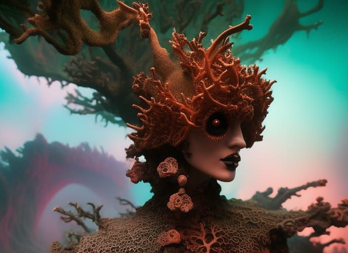 Gothic Vampire in Coral Cavern: Hyperrealism Portrait