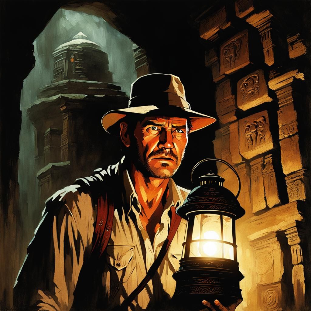 Indiana Jones Explores Dark Tombs with Lantern