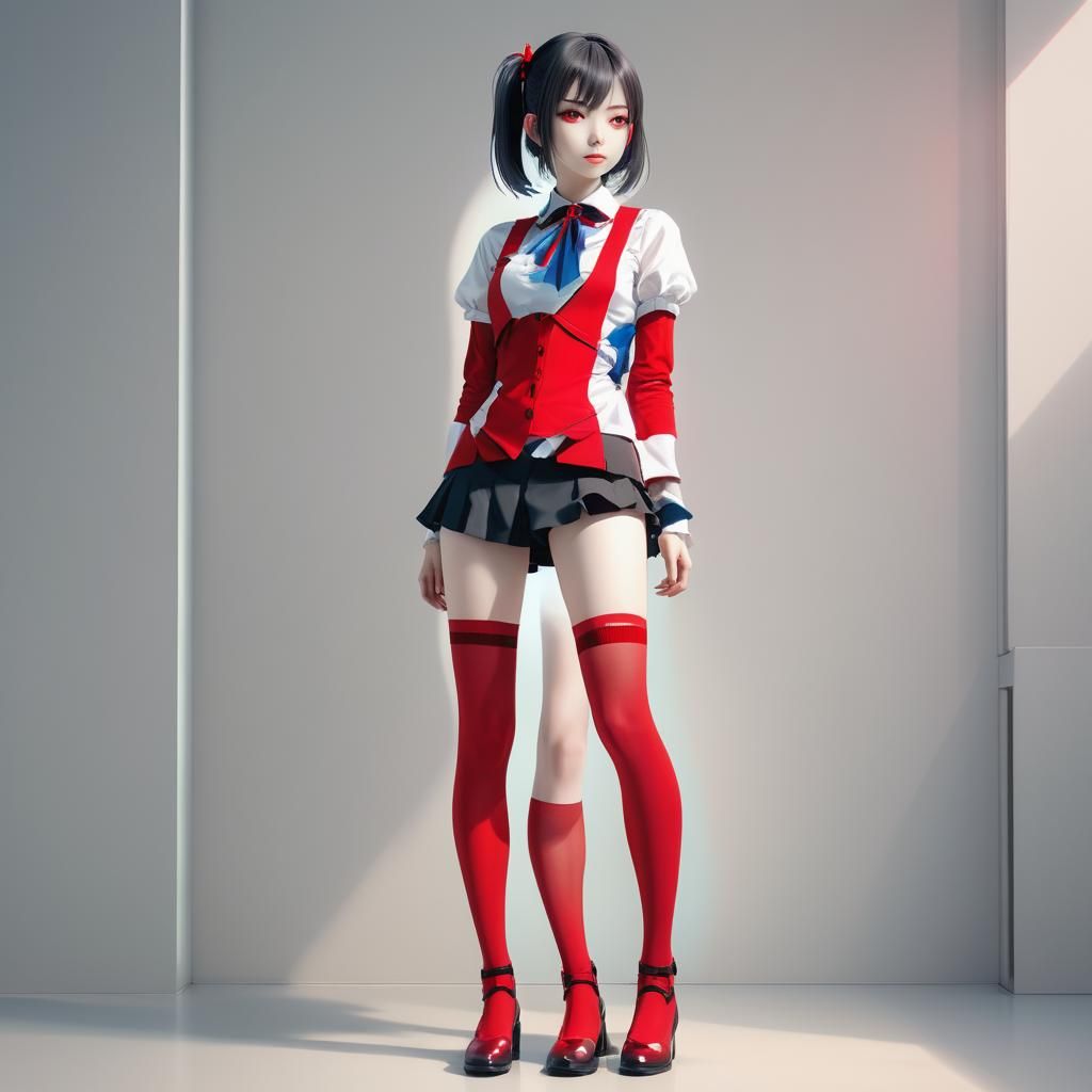 Elegant Anime Woman with Bold Makeup and Red Stockings