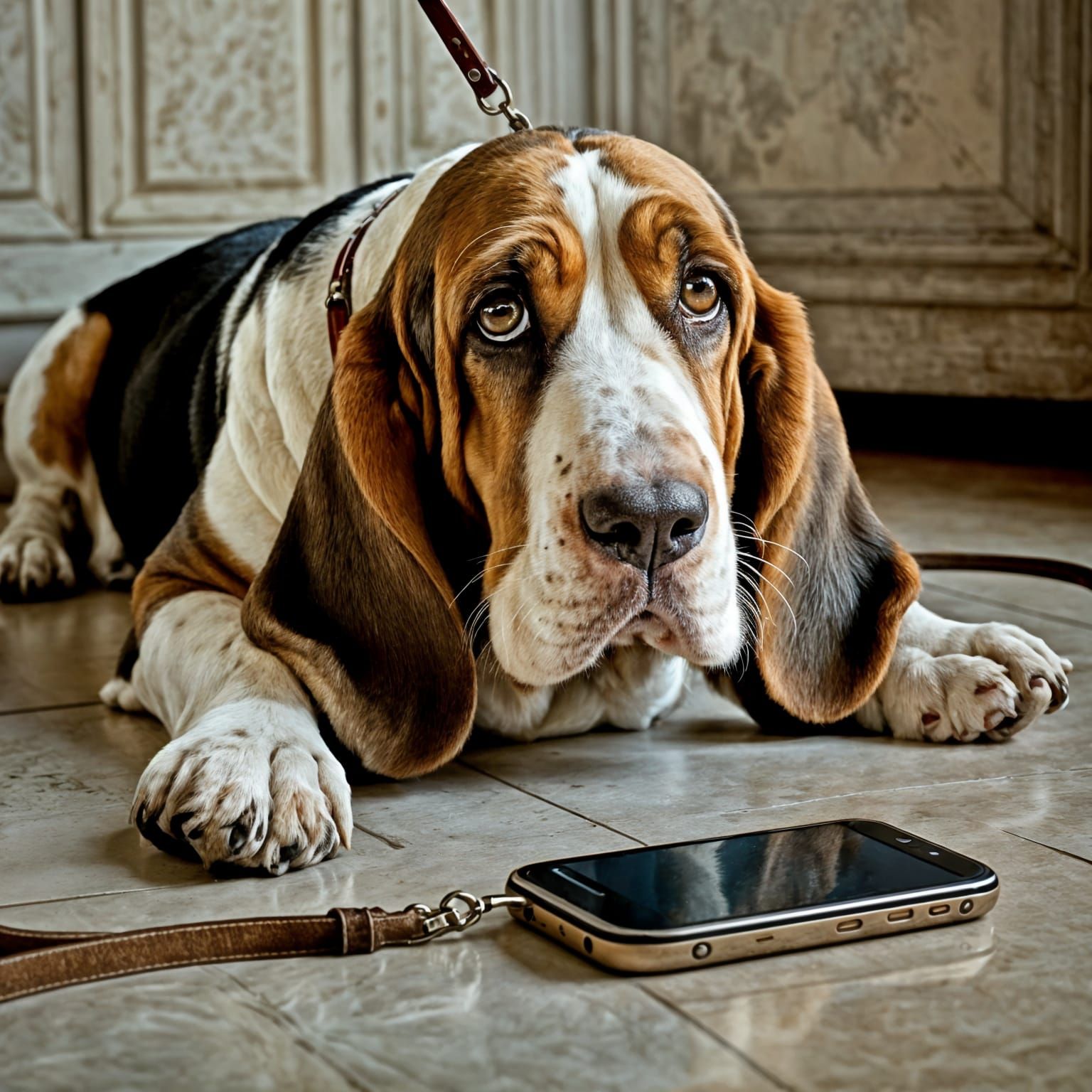 Elderly Bassett Hound Waits Patiently by Cellphone