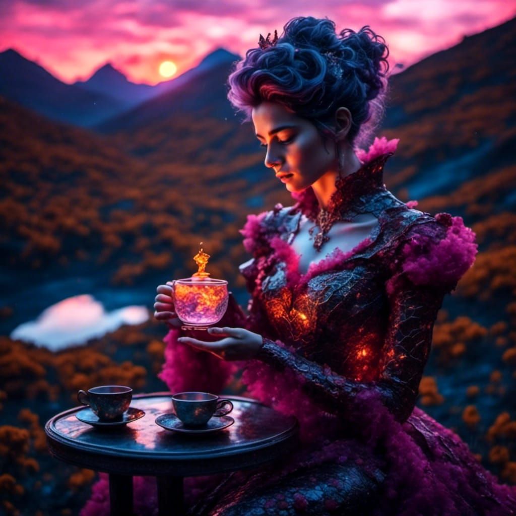 Woman Sipping Tea in Dragon Glass