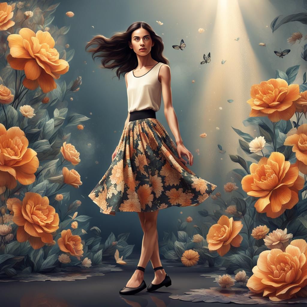 Woman in Floral Skirt: Fashion Illustration