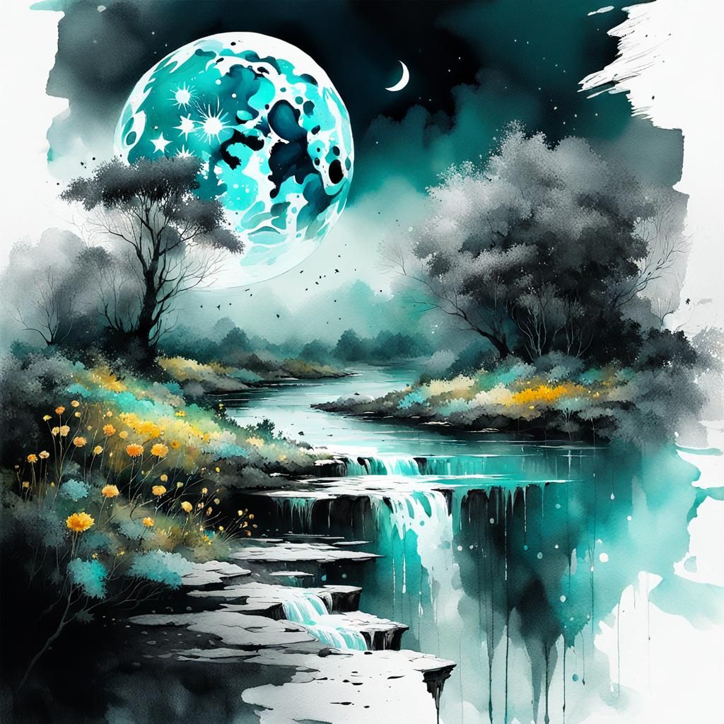 Lush Moonlit Landscape with Waterfalls in Watercolor Style