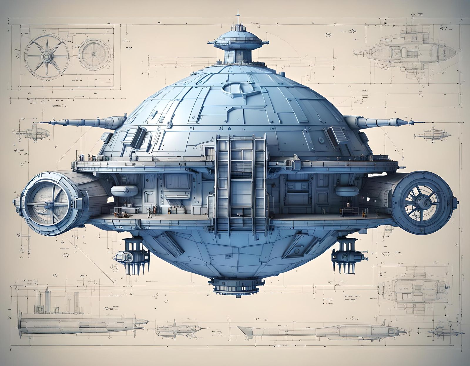Detailed Starship Blueprint in Post-Apocalyptic Setting