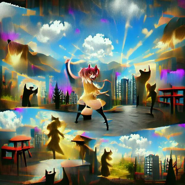 Anime Catgirl Dancing in Sunshine: Digital Illustration