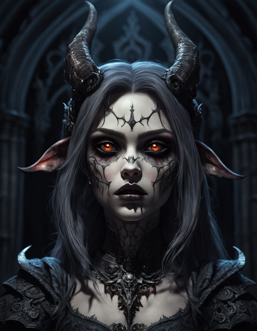 Chibi Demon Girl in Gothic Cathedral, Horror Illustration