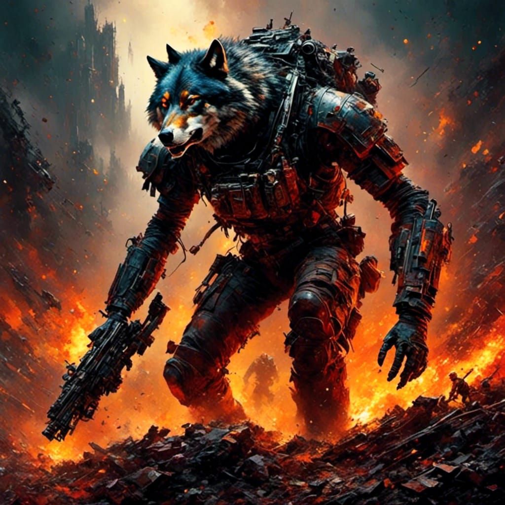 Fiery Wolf in Dystopian Sci-Fi Comic Art