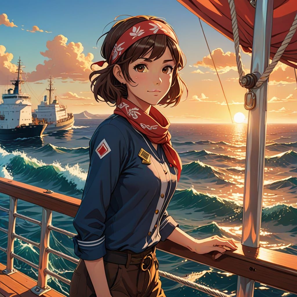 Anime Girl Cleans Ship on Vibrant Ocean
