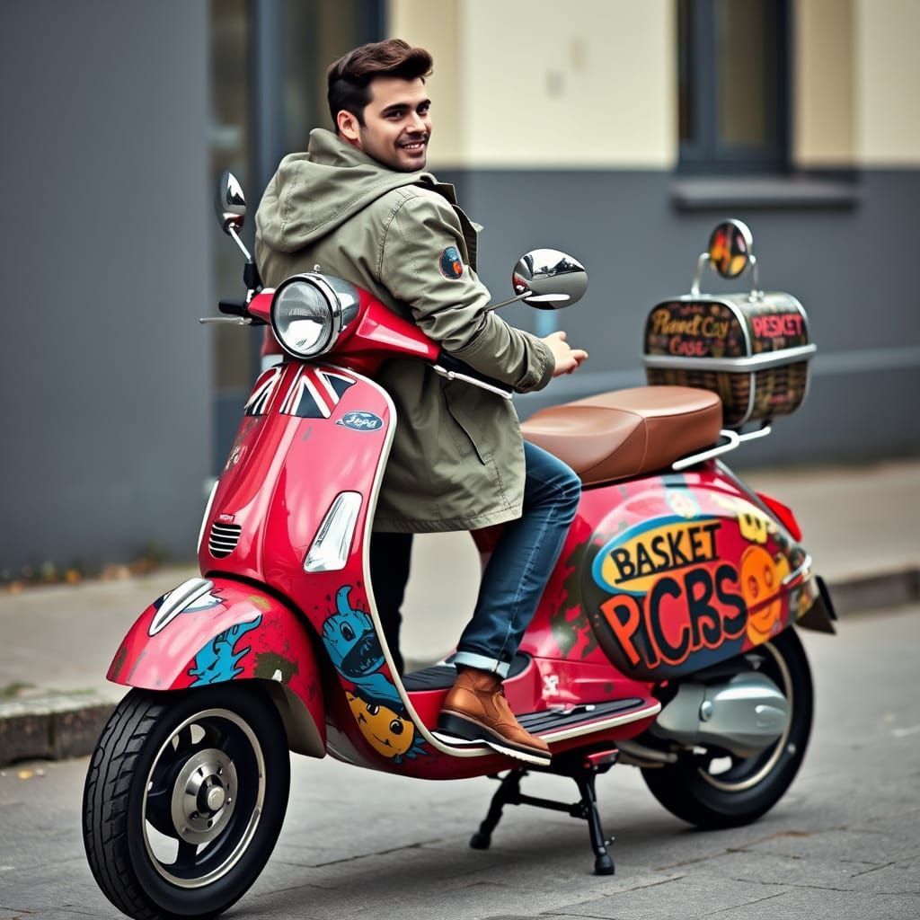 Mod wearing a parka on a mod scooter wrapped in "Basket case...