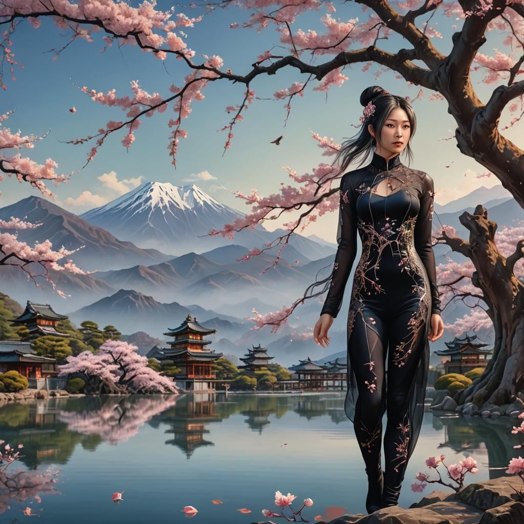 Sakura Tree, Lake, and Weeping Woman: Hyperrealistic Splash ...