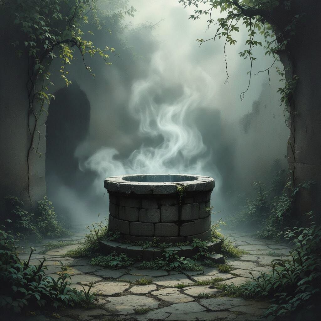 Solitary Well in Forgotten Courtyard with Ethereal Mist