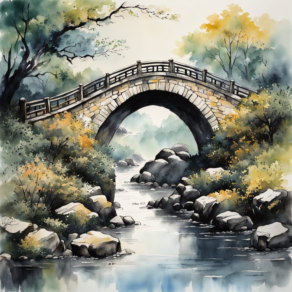 Chinese Stone Bridge in Vibrant Watercolors