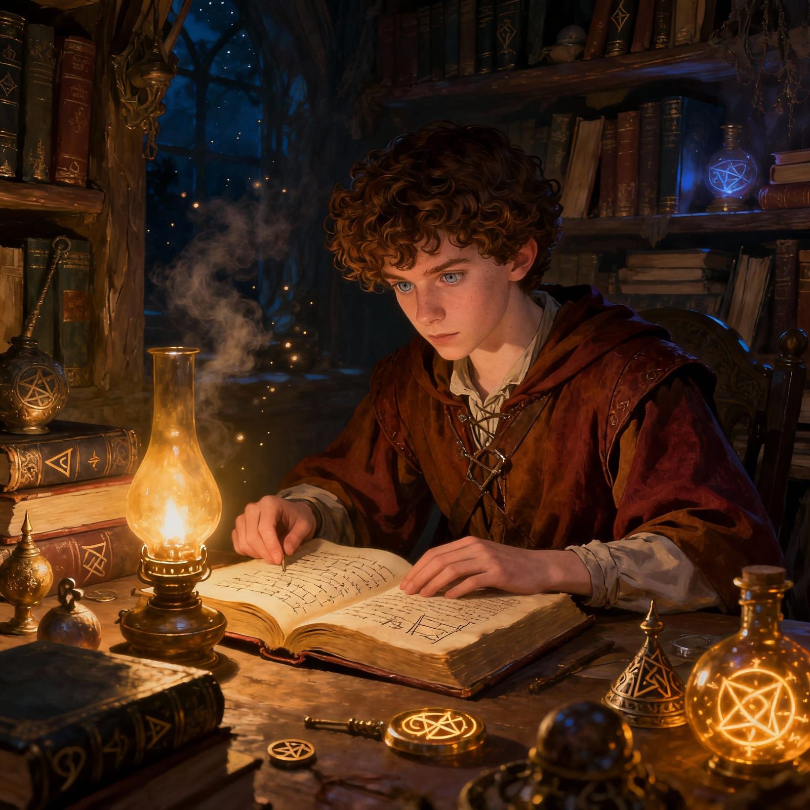 Apprentice Wizard Studying Magic Book in Lamp Light