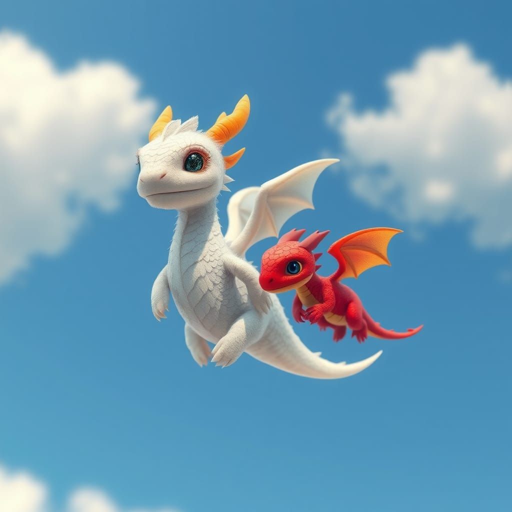 White Feathered Dragon and Red Dragon in Flight