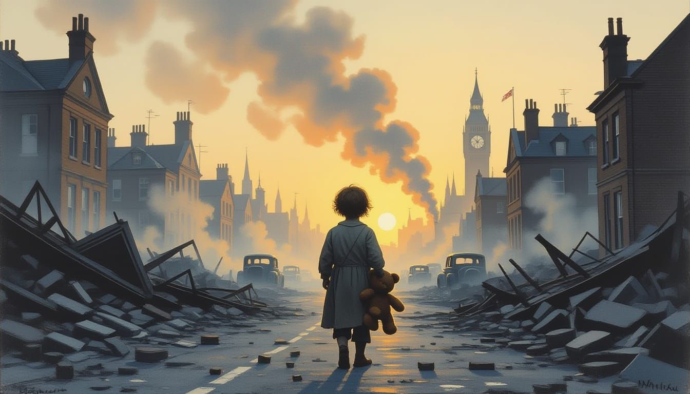 Child with Teddy Bear in Bomb-Destroyed London Street