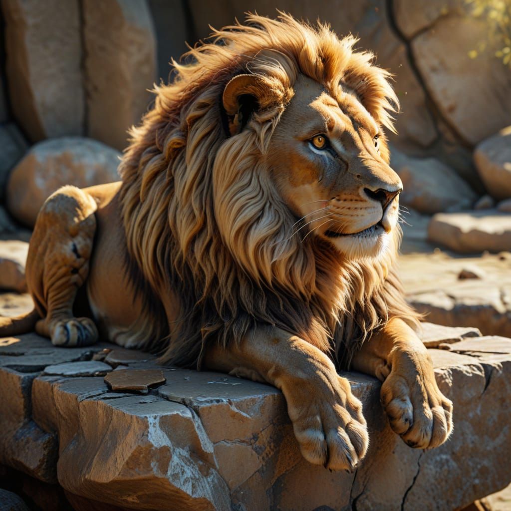 Majestic Lion on Stone Table in Digital Art