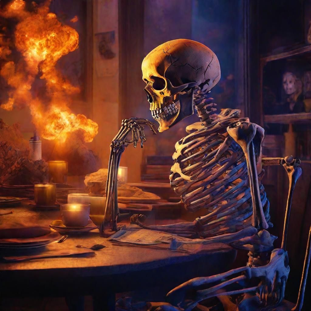 Skeleton Waits as Atomic Explosion Looms: Fantasy Art