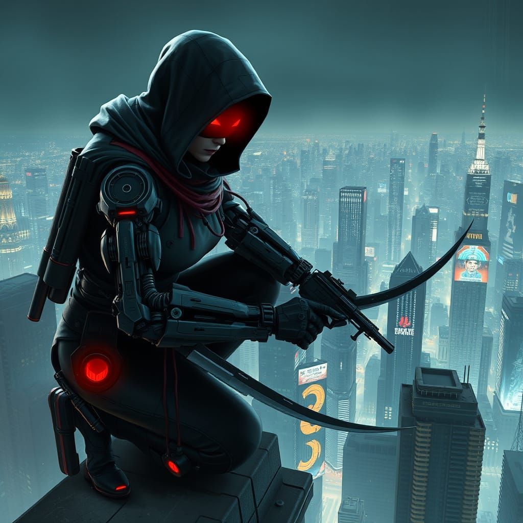 Ghost Assassin in Cyberpunk Skyscraper Shadows