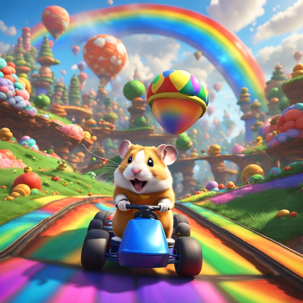 Hamster on Rainbow Road in Mario Kart