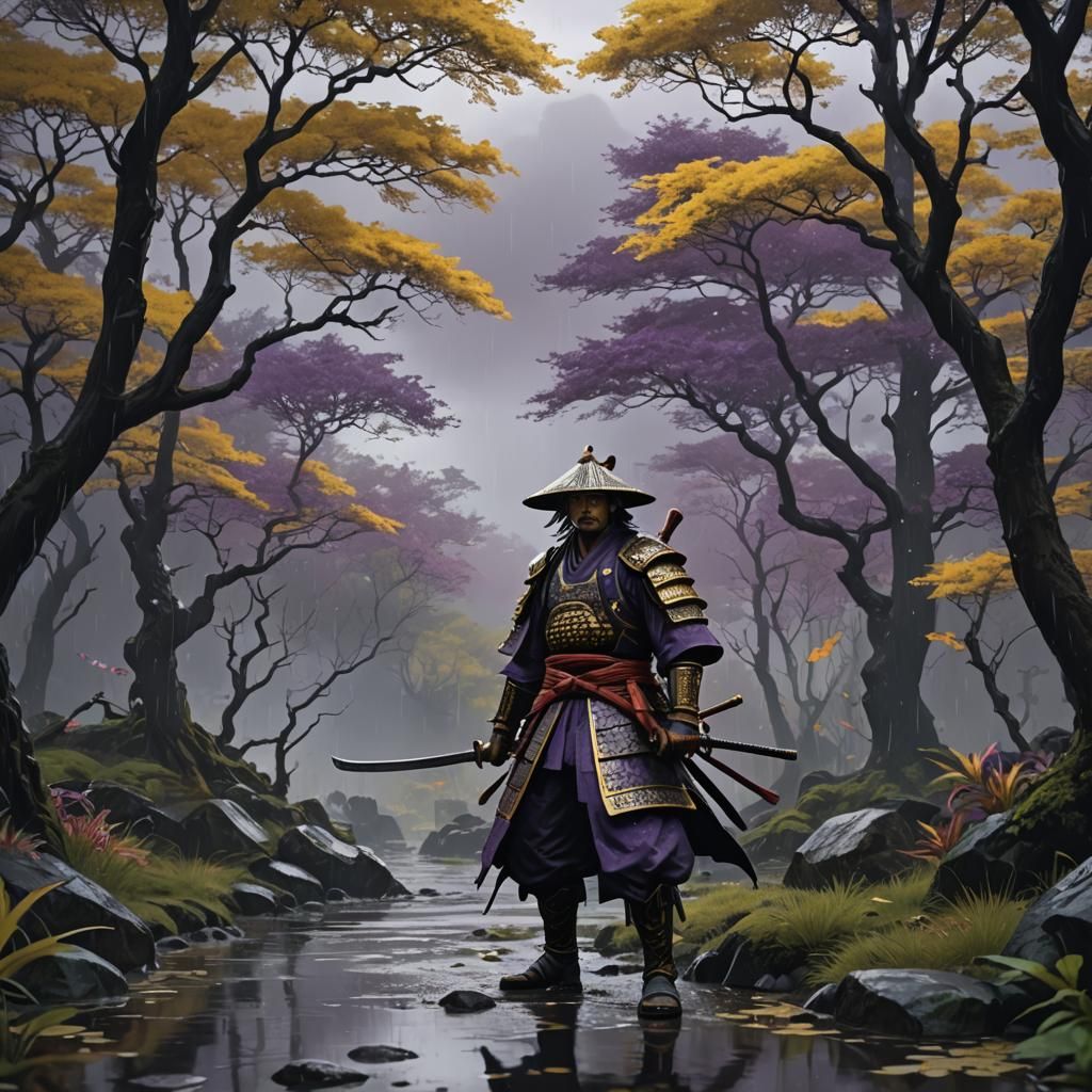 Samurai in Rainy Nature Scene: Detailed Dark Fantasy