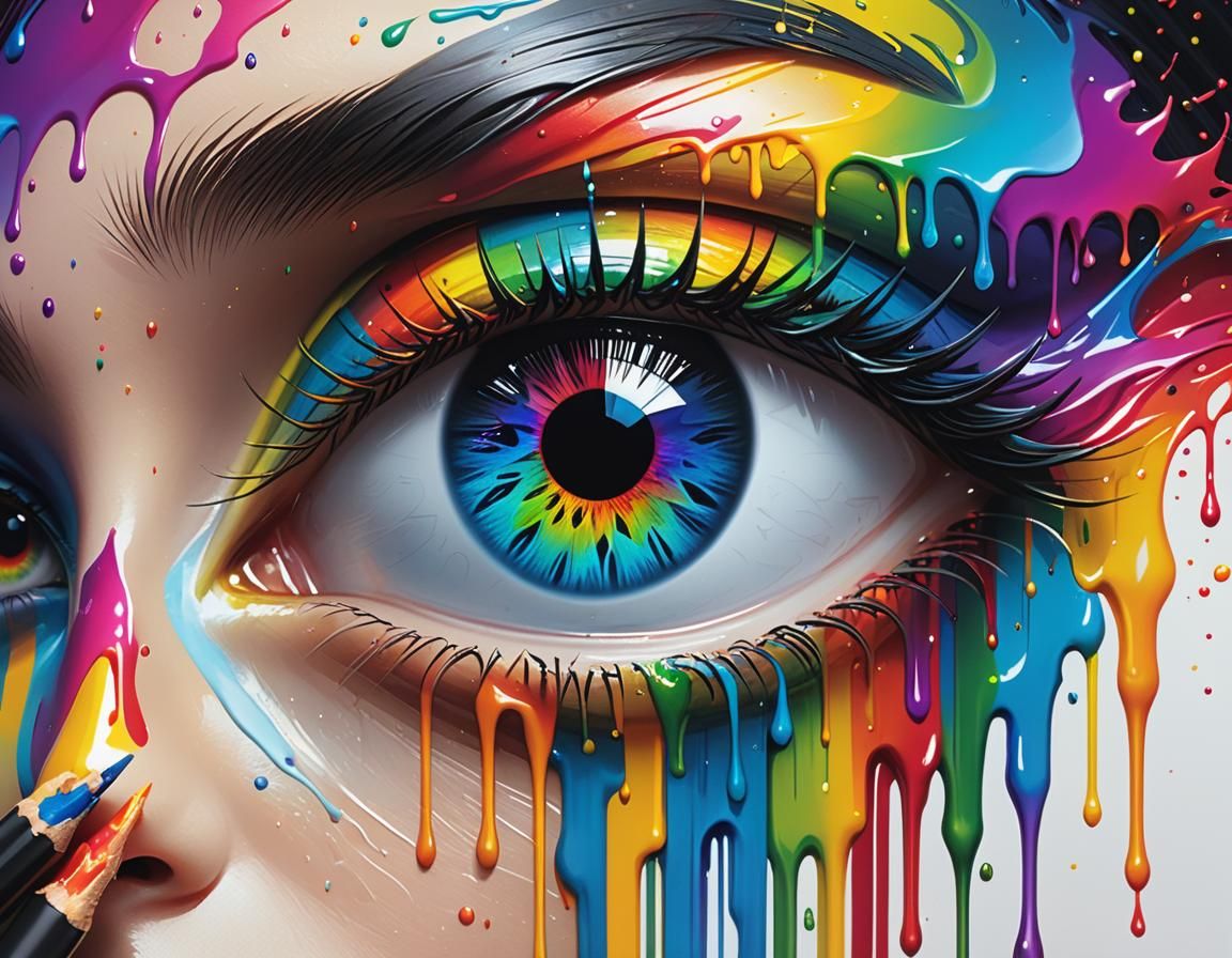 Hyperrealistic Rainbow Eye Ink Painting with Cosmic Fractals