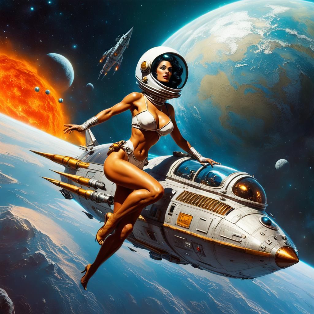 Retro Sci-Fi Pin-Up Pilot in Space