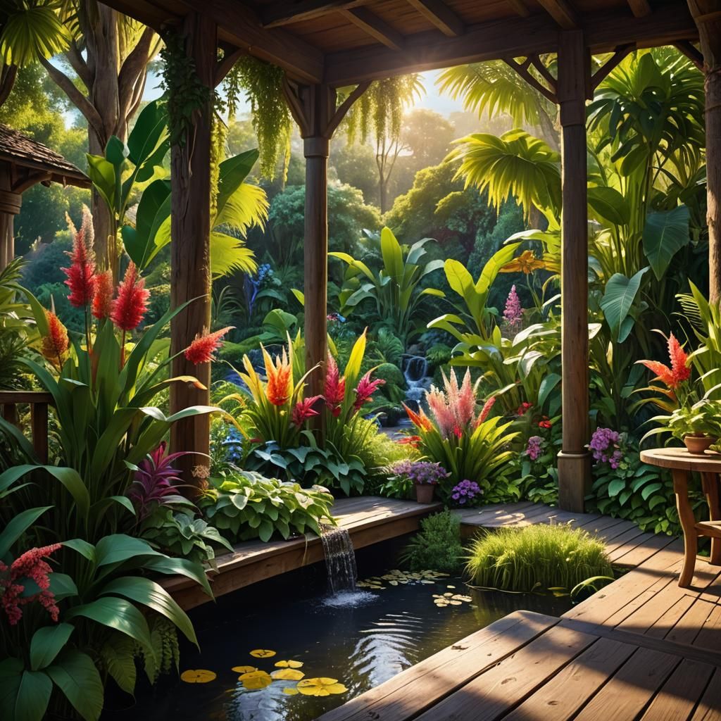 Lush Garden View from Veranda, Fantasy Matte Painting