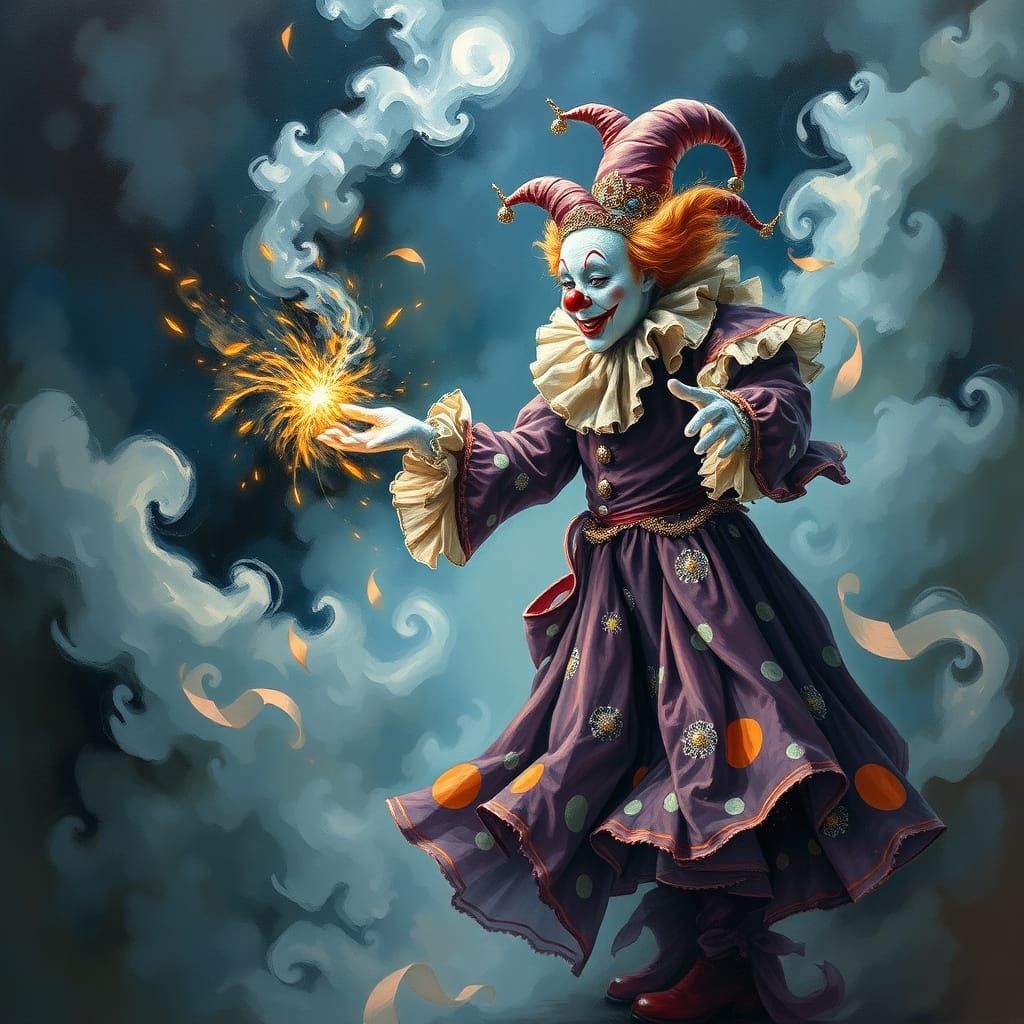 Mystical Clown Performs Magic: Ethereal Gouache Drawing